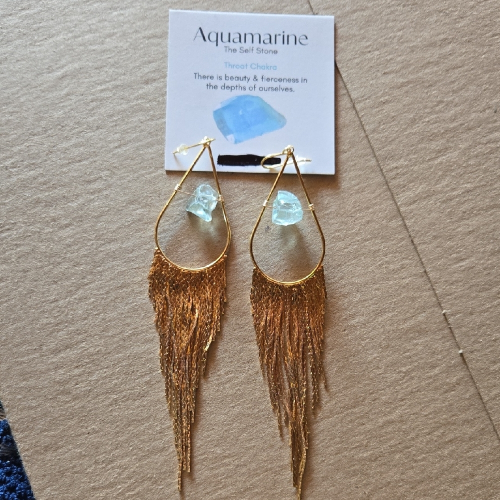 Gold Aquamarine Crystal Fringe Earrings